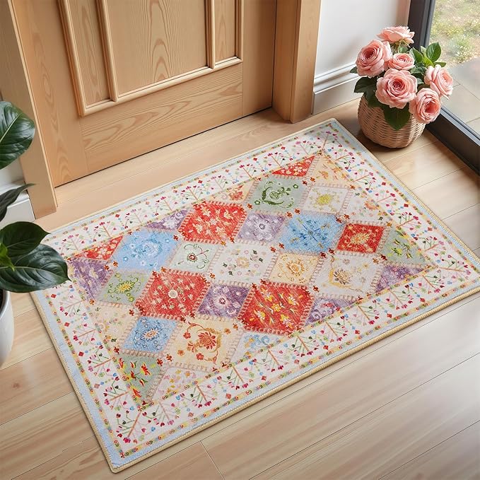 2x3 Small Washable Area Rug for Entryway, Boho Non-Slip Indoor Kitchen Rugs, Moroccan Floral Trellis Carpet Soft Low Pile Vintage Throw Mat for Bedroom Bathroom Front Door, Cream