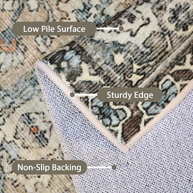 8X10 Area Rugs Machine Washable Rugs for Living Room, Vintage Boho Large Rugs for Bedroom Dining Room, Non Slip Indoor Soft Distressed Lightweight Thin Low Pile Carpet, Sandy Taupe