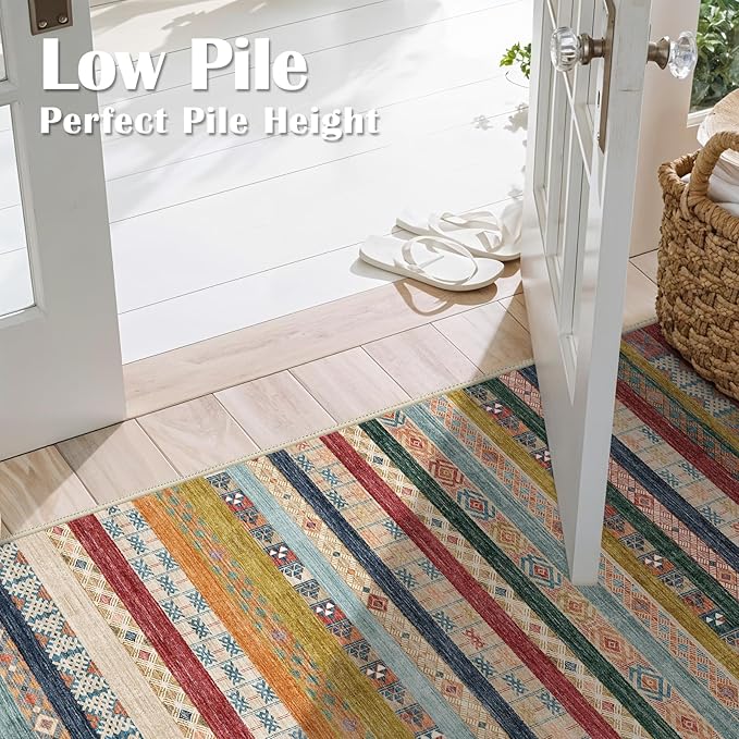 2x3 Washable Moroccan Area Rug: Geometric Boho Area Rugs for Entryway Small Mat for Kitchen with Non-Slip Backing Indoor Bedroom Door Mat Red&Blue Colourful 2'x3'.