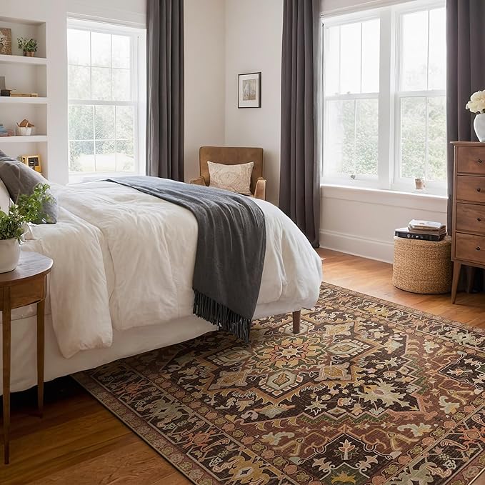 Kokia Washable Area Rugs 9x12 Living Room Boho Non Slip Thin Carpet Stain Resistant Vintage Brown Printed Oriental Distressed Rug for Bedroom Low Pile