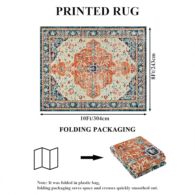 U'Artlines Boho Vintage Area Rug 8x10 Machine Washable Low Pile Soft Floor Carpet Non Slip Non Shedding Accent Rug for Living Room Bedroom Entryway Dining Room Office Orange/Multi
