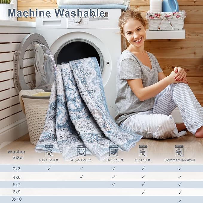 8x10 Area Rug for Bedroom, Machine Washable Rugs with Non-Slip Backing for Living Room, Large Vintage Carpet Kitchen Laundry Kids Room Decor, Blue & Beige