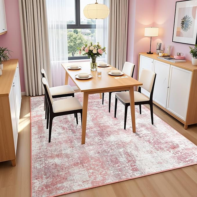 Washable Abstract Rug, 6x9 Modern Area Rugs with Non-Slip Rubber Backed for Living Room, Thin but Soft Contemporary Carpet Kitchen Bedroom Dining Room Decor, Pink