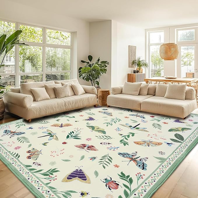 ASPMIZ Insect Area Rug 8X10 Living Room Rug, Spring Summer Washable Rug Non Slip, Farmhouse Butterfly Rugs for Living Room Low Pile, Soft Faux Wool Throw Carpet for Kids Room Dining Room, Beige