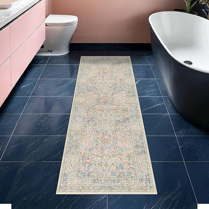 Non Slip Beige Blue Bathroom Runner Rug - Long Runner Rugs 24 x 72 Washable Kitchen Floor Mat, Laundry Room Rug, Hallway Runner - Vintage Design Décor (2x6 Beige Blue)