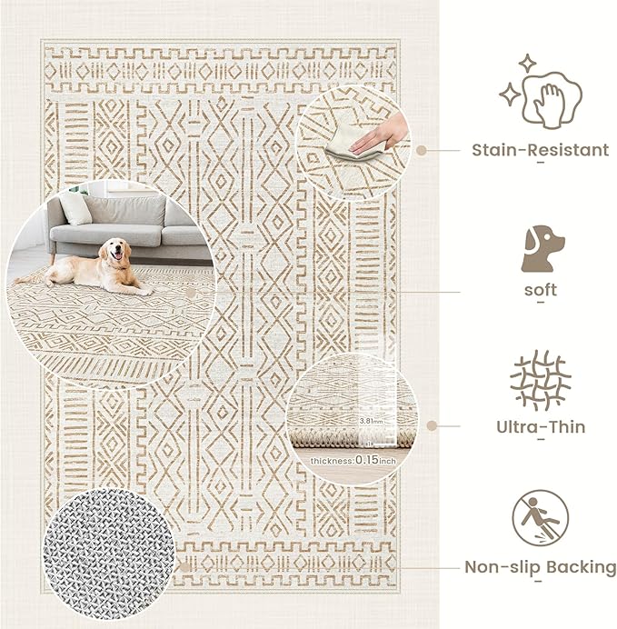 2x3 Rug Entryway Rugs: Washable Boho Small Geometric Moroccan Printed Pattern Rug Modern Indoor Soft Non Slip Ultra Thin Front Door Mat for Kitchen Bedroom (BeigeBrown, 2'x3')