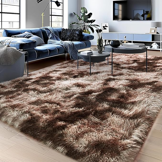 Soft Shaggy Rugs Fluffy Rug, Plush Area Rugs for Living Room Nursery Home Decor, Tie-Dyed Brown Anti-Skid Rectangular Fuzzy Rug 5x7 Feet