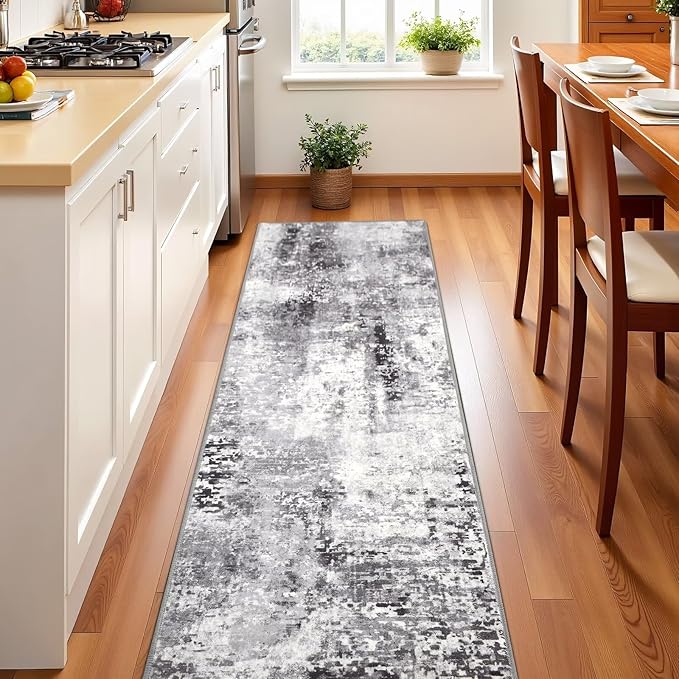 Washable Abstract Runner Rug, 2x6 Modern Area Rugs with Non-Slip Rubber Backed for Kitchen, Thin but Soft Contemporary Carpet Bedroom Entryway Hallway Decor, Dark Grey