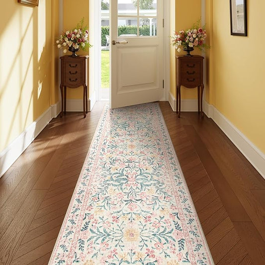Lahome Boho Hallway Runner Rug 2x6,Floral Kitchen Runner Rugs Non Skid Washable,Super Soft Indoor Throw Carpet for Girls Bedroom Bedside Bathroom Laundry Room, Pink/Multi