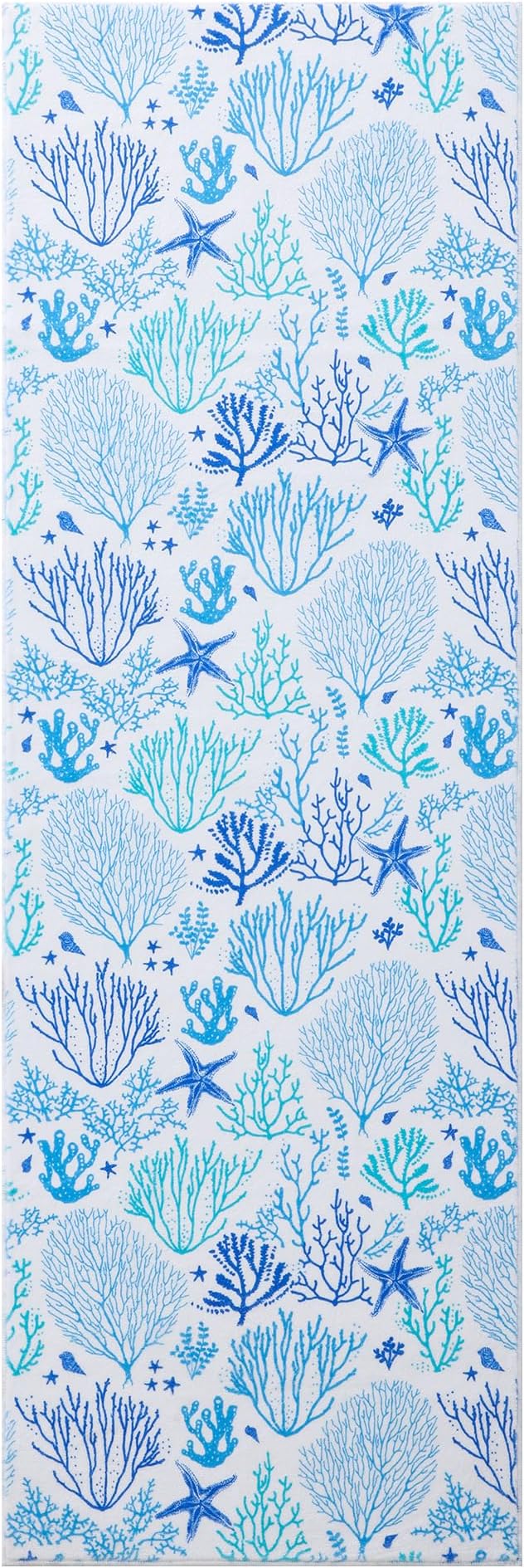 Carvapet Rugs for Hallway Laundry Bedroom, Modern Floral Low Pile Long Carpet with Rubber Backing, Foldable, Non Slip Machine Washable (10 x 3 Feet Rectangular, Sea World Runner Rug)