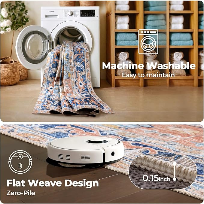 Washable Area Rugs 9x12 Living Room Boho Non Slip Thin Carpet Stain Resistant Vintage Multicolor Printed Oriental Foldable Distressed Rug for Bedroom Indoor House