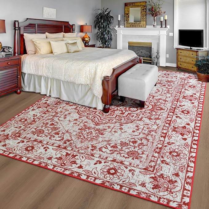YJ.GWL Area Rug for Living Room, 4x6 Machine Washable Boho Rug for Bedroom, Low Pile Lightweight Thin Rugs Floral Vintage Distress Print Pattern Carpet for Dining Room, Red/White