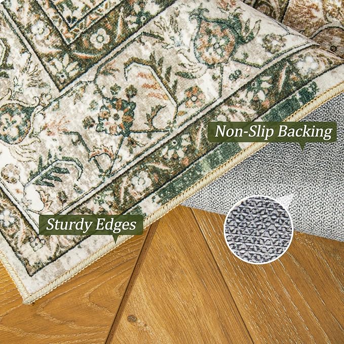 Washable Area Rug 8x10, Large Soft Rugs for Living Room Farmhouse Vintage Area Rugs for Bedroom Dining Room Non-Slip Stain Resistant Under Table Rug Olive Beige