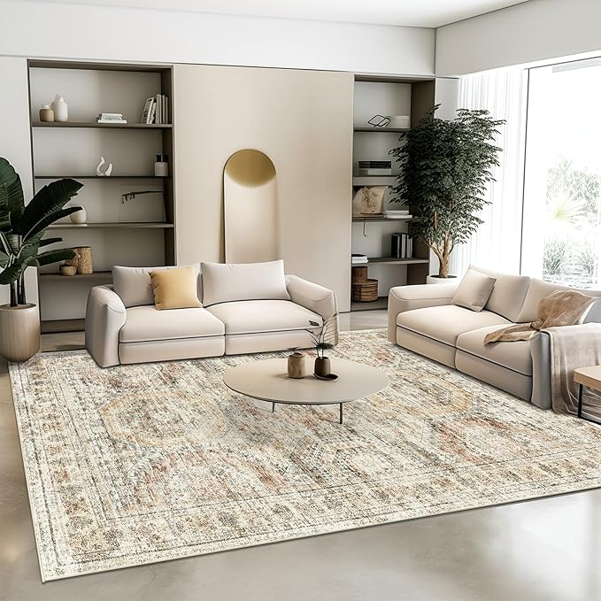 Washable Area Rug 8x10, Large Soft Rugs for Living Room Vintage 8x10 Area Rugs for Bedroom Dining Room Non-Slip Stain Resistant Under Table Brown Pink Rug