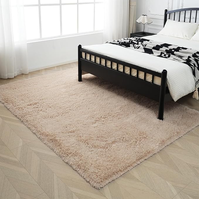 Fluffy Rug Shaggy Area Rug, Beige 3x5 Area Rugs for Bedroom, Small Bedside Rug, Soft Fluffy Shaggy Entryway Throw Rugs for Living Room Bedroom Kids Room Home Decor