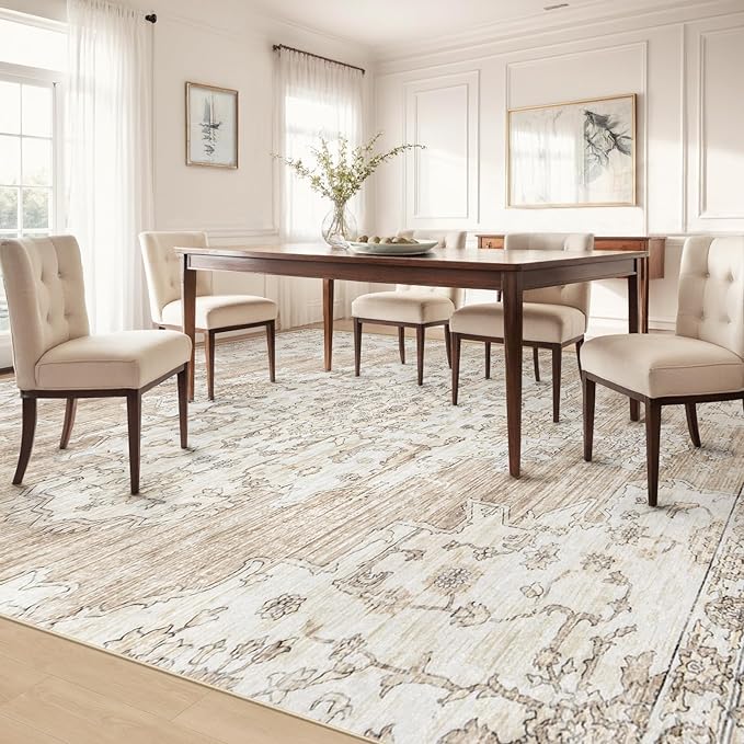 10x14 Area Rugs Washable Rug: Lagre Vintage Living Room Rugs with Non-Slip Backing Low Pile Rug Soft Indoor Floor Carpet Non Shedding Neutral Carpet for Bedroom Dining Room Farmhouse Nursery Beige