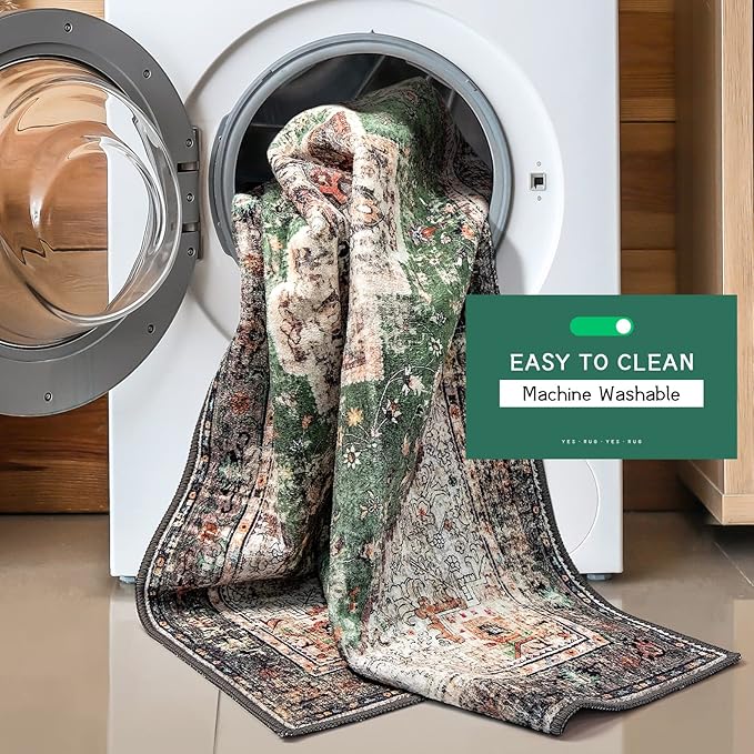 2x8 Runner Rug Green Boho Area Rugs for Hallway Indoor Laundry Room Bathroom Lightweight Non Slip Vintage Rug Washable Retro Distressed Carpet