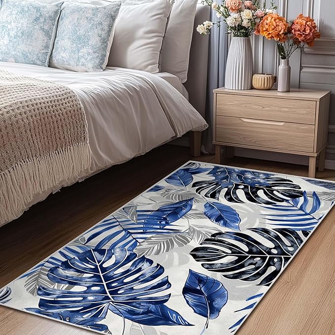 3x5 Entryway Rug Botanical Tropical Leaf Navy Blue Grey Area Rug Bedroom Bedside Thin Small Carpet Bathroom Non Slip Indoor Entrance Low Pile Door Mat Kitchen Stain Resistant Washable Machine