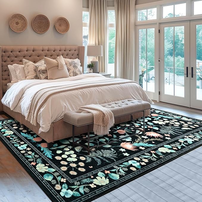 Area Rugs for Living Room, Non-Slip 4x6 Washable Rug for Bedroom,Vintage Floral Carpet for Entryway Office Kitchen Dining Room, Black