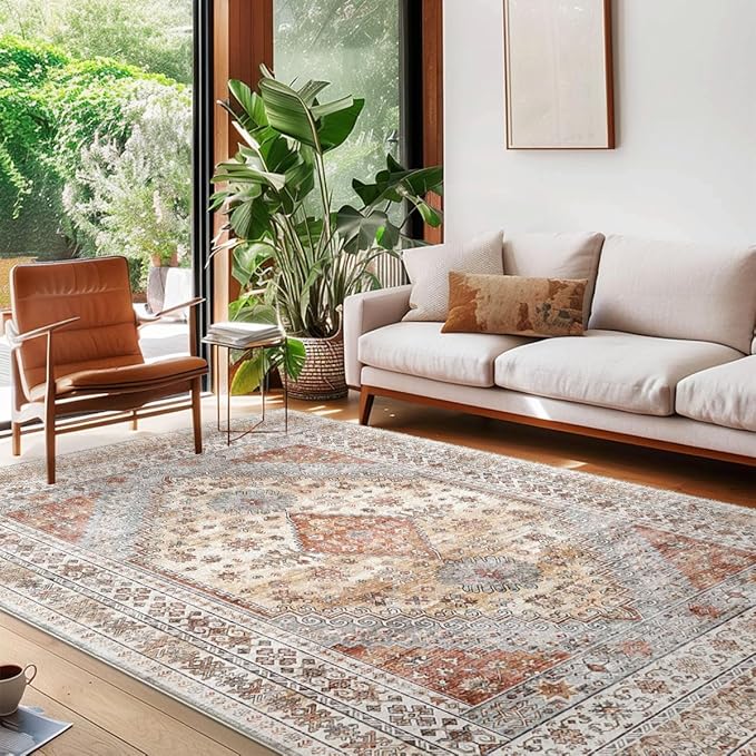 Rug for Living Room-Washable Area Rugs 5'x7' for Bedroom, Ultra-Soft Non-Shedding Faux Wool Vintage Design Boho Low Pile Mat Throw Carpet,Stain Resistant Rugs with Non-Slip Backing（Light Color）
