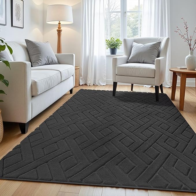Ultra Soft Dark Grey Area Rug for Bedroom, 4x6 Modern Geometric Shag Rugs with Nonslip Backing for Living Room, Washable Fuzzy Carpet for Cozy Kids Room Nursery