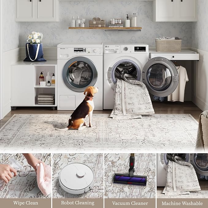 jinchan Kitchen Runner Rug 3x10-2pcs, Bohemian Hallway Washable Rug Floral Non Slip with Rubber Backing Vintage Carpet Runner for Bedroom Bathroom Laundry Room Living Room Taupe