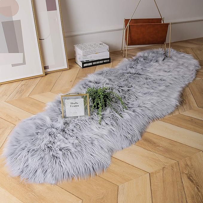 Ashler Home Deco Faux Fur Area Rug, 2 ft x 6 ft, Black, Machine Washable, Non-Slip Backing, Modern Style, Unisex, Indoor Use, Nursery Decor, Bedroom, Living Room