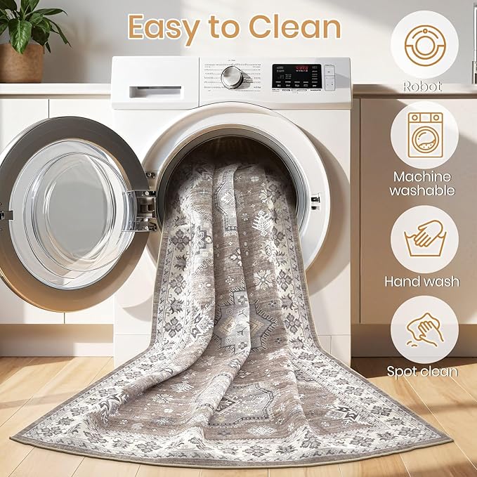 Washable Area Rugs for Living Room - 7x9 Neutral Vintage Distressed Floral Farmhouse Boho Large Soft Floor Rug Indoor Non Slip Carpet for Living Room Bedroom Dining Room Office - Dark Brown
