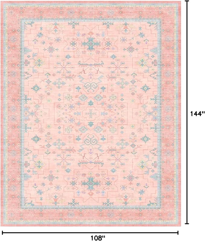 Washable Pink and Blue 9x12 Oushak Rugs for Living Room Rug Bedroom Girls, Modern Floral Aethestic Distressed Design, Soft Faux Wool Low Pile Non Slip Stain Resistance Carpet