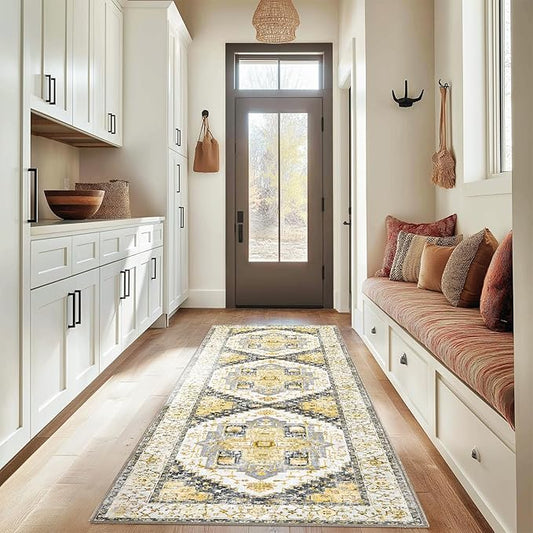Washable 2x8 Area Rugs, Rugs for Living Room, Low-Pile Water&Stain Resistant Carpet Vintage Distressed Printed Non-Slip Carpet for Bedroom Bathroom Kitchen-Grey/Yellow