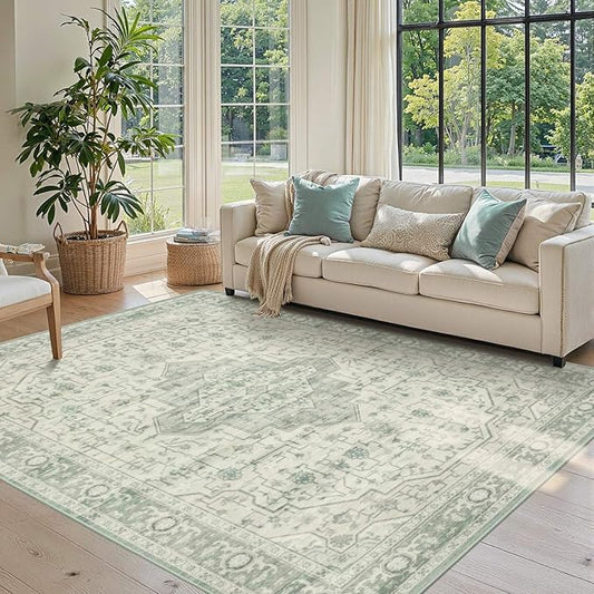 4x6 Washable Area Rug for Living Room, Vintage Boho Rugs for Office, Dining Room, Kids Room, Farmhouse, Durable Low Pile Non Slip Carpet for High Traffic Areas, Sage Green
