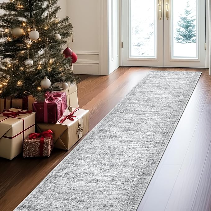 Runner Rug 2'x10' Washable Non-Slip Runner Rugs for Kitchen Bathroom Laundry Room Grey Vintage Floor Carpet Runners for Hallway Entryway