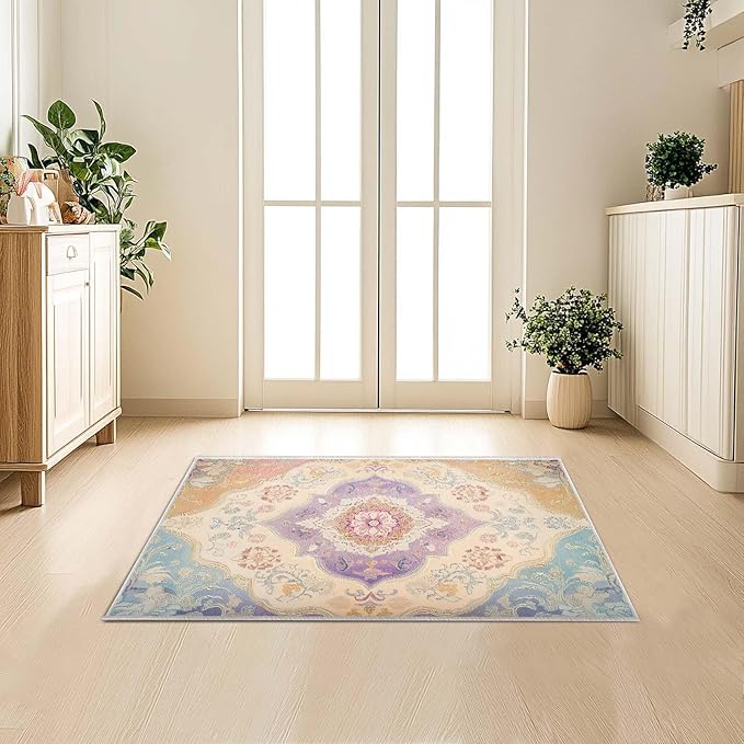 2x3 Entryway Rugs Machine Washable Rug Boho Orange Yellow Blue Purple Area Rug Non-Slip Low Pile Door Mat Entrance Small Carpet for Home Kitchen Bathroom Bedroom
