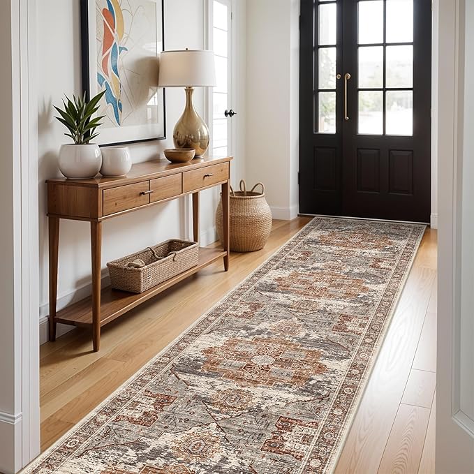 RUUGME Washable 3X14 Runner Rugs - Large Boho Rugs for Living Room Stain Resistant Carpet Vintage Tribal Rugs for Bedroom Kitchen Bathroom Non Slip Backing Home Decor Floor Decoration Mat 3X14 Brick