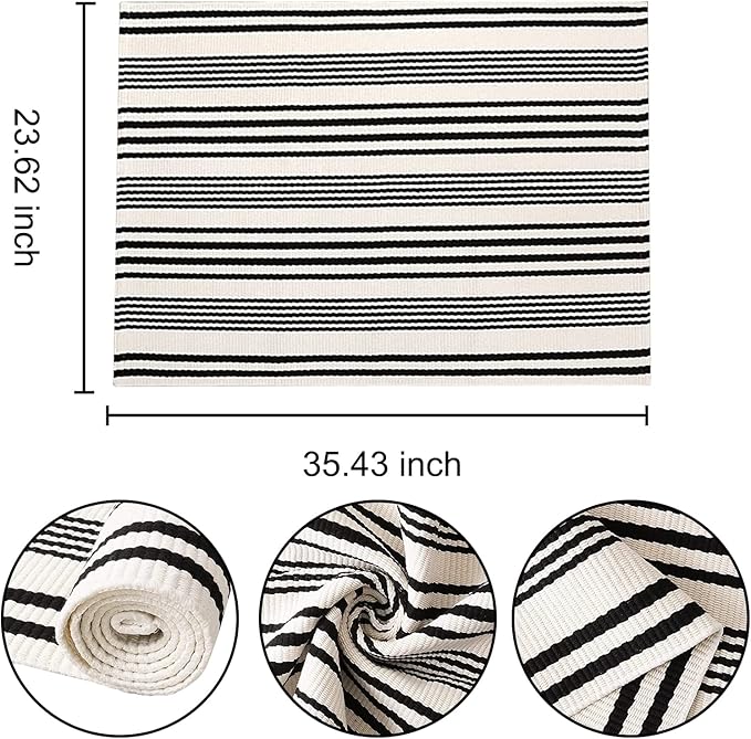 Black and White Striped Doormat 24'' x 35'' Front Porch Rug Machine Washable Indoor Outdoor Doormat for Front Porch Hand-Woven Entryway Rug for Laundry/Bathroom/Bedroom