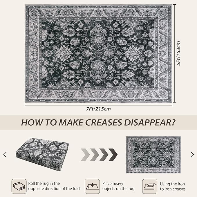 Area Rugs for Living Room, Washable 5x7 Area Rug for Bedroom, Retro Floral Non-Slip Carpet for Nursery Home Office Dining Room Kitchen, Grey