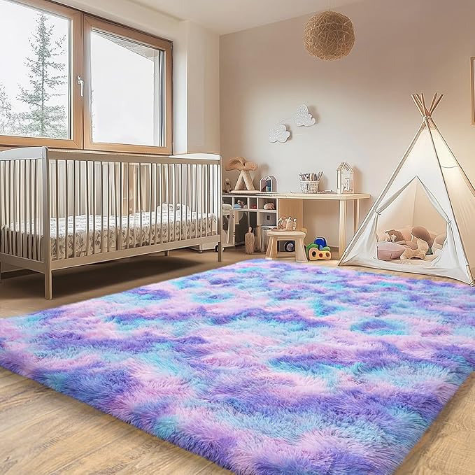 Upgrade Non-Slip Plush Rugs Fluffy Area Rugs for Living Room, Soft Shaggy Carpets for Living Room, Perfect Decor for Modern Home Rainbow 6x9 Feet