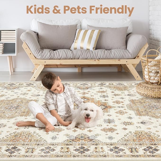 Washable Area Rugs for Living Room -10x14 Neutral Vintage Distressed Floral Farmhouse Boho Large Soft Floor Rug Indoor Non Slip Carpet for Living Room Bedroom Dining Room Office - Orange/Yellow/Beige