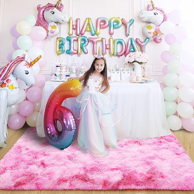 Noahas 4x6 Fluffy Kids Rugs for Room,Soft Pink Tie-Dyed Rainbow Rug for Girls Bedroom,Soft Colorful Playroom Shag Nursery Carpets Room Decor