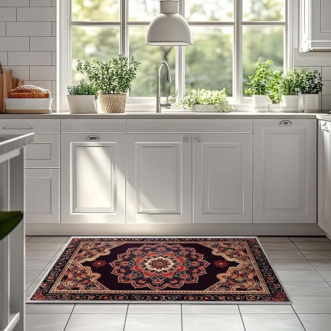 2x3 Entryway Rug Boho Black Red Vintage Oriental Area Rug Thin Small Carpet Bathroom Non Slip Indoor Entrance Low Pile Door Mat Kitchen Stain Resistant Washable Machine