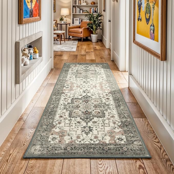 2x6 Runner Rug, Non-Slip Washable for Kitchen Hallway, Soft Low-Pile Area Rugs, Vintage Traditional Floral Aesthetic Carpet, Stain-Resistant Durable, Non Shedding Bedroom Bathroom Decor, Taupe