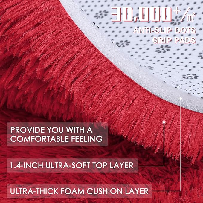 OLANLY Red Round Rugs for Bedroom - Machine Washable, 3x3 Feet Circle Area Rugs for Living Room, Soft and Fluffy Shaggy Carpet for Teen Girls and Boys, Dorms, Nursery Rooms, Home Decor Aesthetic