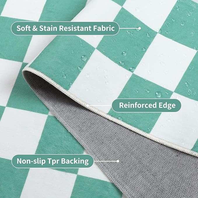 Terrug Green and White Small Checkered Rug for Bedroom, 2x3 Soft Washable Rug with Non Slip Backing, Low Pile Throw Carpet for Entryway Hallway Kitchen Laundry Room