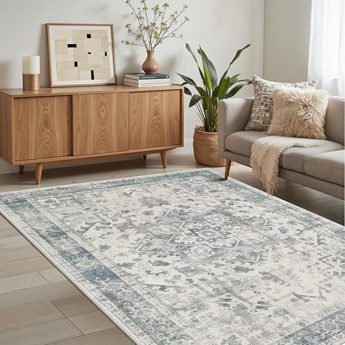 4x6 Washable Area Rug for Living Room, Neutral Vintage Boho Rugs for Office, Dining Room, Kids Room, Farmhouse, Durable Low Pile Non Slip Carpet for High Traffic Areas, Light Blue Grey