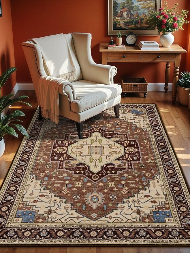 4x6 Mousse Brown Area Rug for Living Room, Machine Washable Rugs with Non-Slip Backing for Bedroom, Vintage Medallion Carpet Kitchen Laundry Kids Room Decor