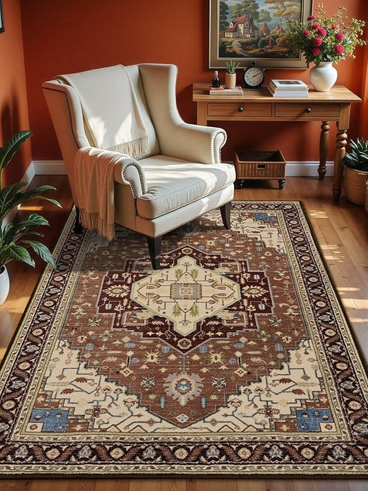 4x6 Mousse Brown Area Rug for Living Room, Machine Washable Rugs with Non-Slip Backing for Bedroom, Vintage Medallion Carpet Kitchen Laundry Kids Room Decor