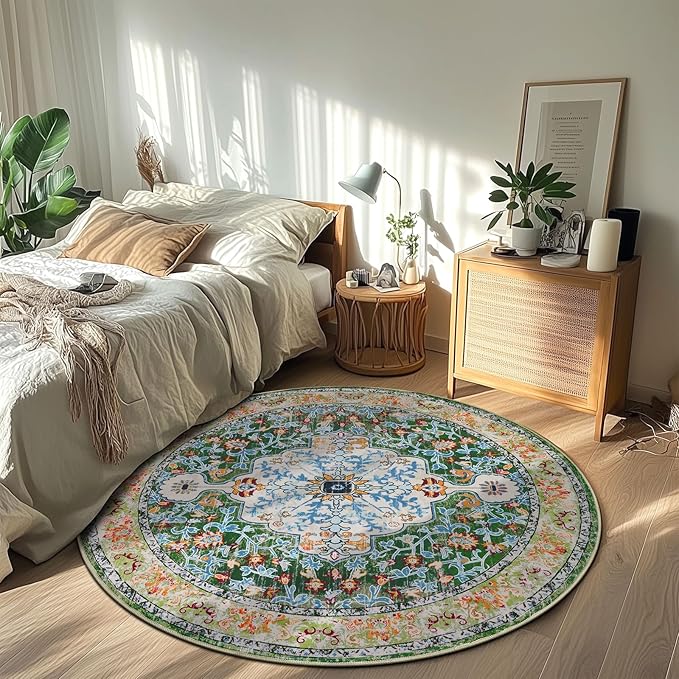 U'Artlines Boho Vintage Area Rug 4ft Machine Washable Low Pile Soft Floor Carpet Non Slip Non Shedding Accent Rug for Living Room Bedroom Entryway Dining Room Office Green