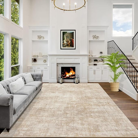 10x14 Area Rugs Washable Rug: Modern Abstract Living Room Rug Soft Anti-Skid Thin Carpet Indoor Floor Non-Shedding Carpets for Bedroom Dining Room Farmhouse Nursery Home Office Beige