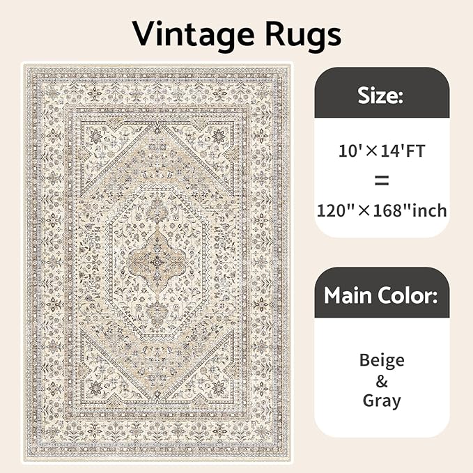 10x14 Washable Vintage Rug: Oriental Rugs for Living Room Non Slip Backing Stain Resistant Large Indoor Carpet for Bedroom Area Rug Dining Room Decor(Beige,10x14FT)