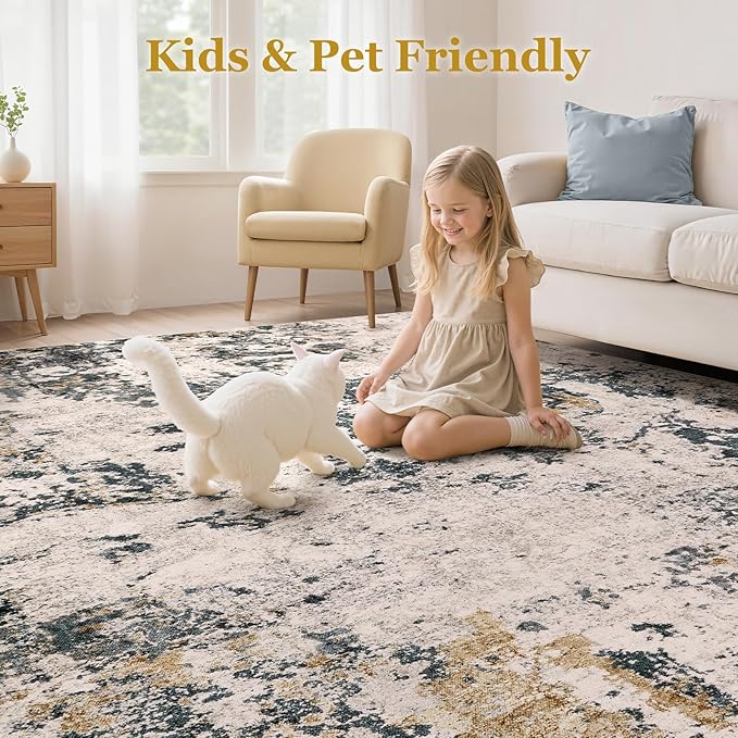 Area Rugs for Living Room: 7x9 Abstract Washable Rug Large Soft Stain Resistant Non-Slip Backing for Bedroom Dining Room Indoor Home Office Carpet for Kids Pet Friendly Families - Grey Gold